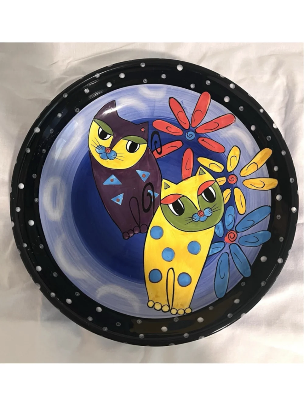 Milson and Louis Abstract Cats & Flowers Platter 13” Hand Painted Colorful Bowl